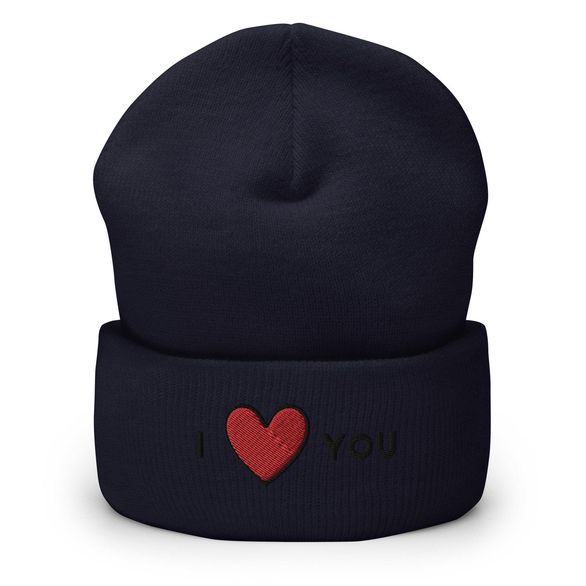 I Heart You Embroidered Beanie, Handmade Cuffed Knit Unisex Slouchy Adult Winter Hat Cap Gift