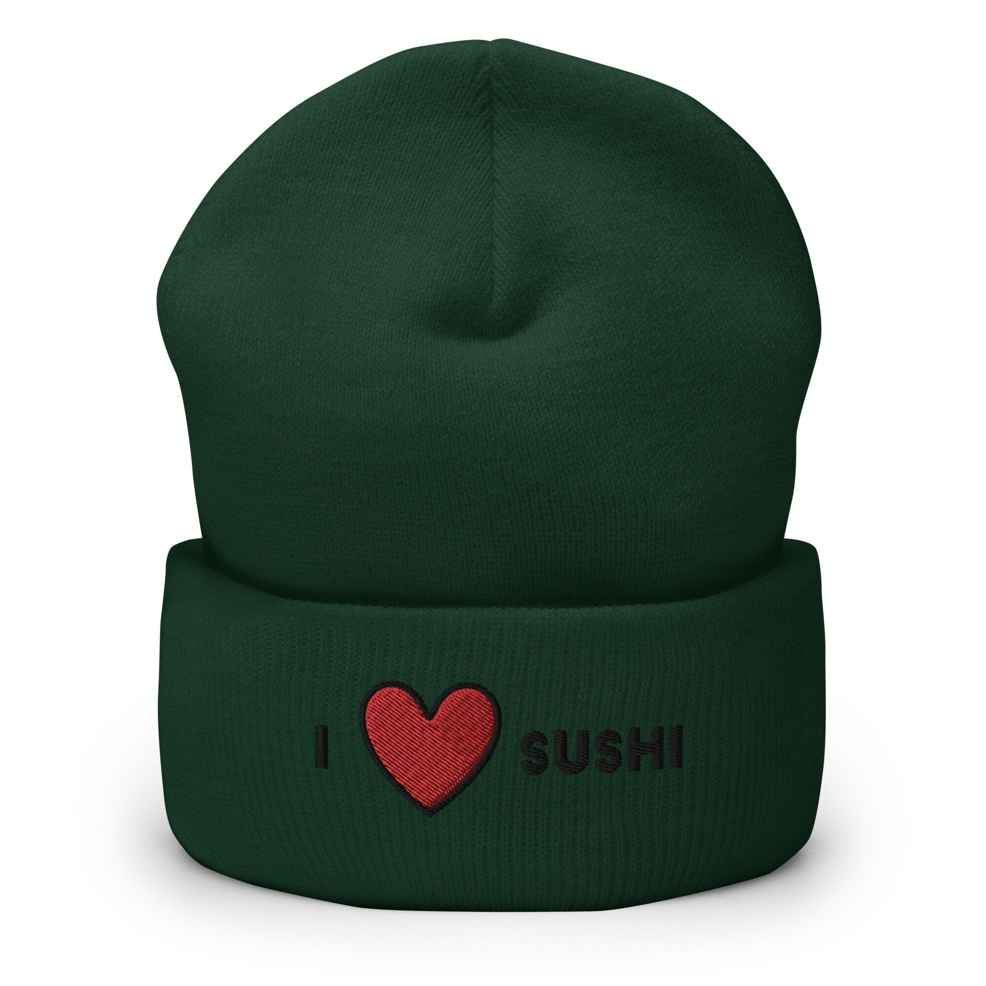 I Heart Sushi Embroidered Beanie, Handmade Cuffed Knit Unisex Slouchy Adult Winter Hat Cap Gift