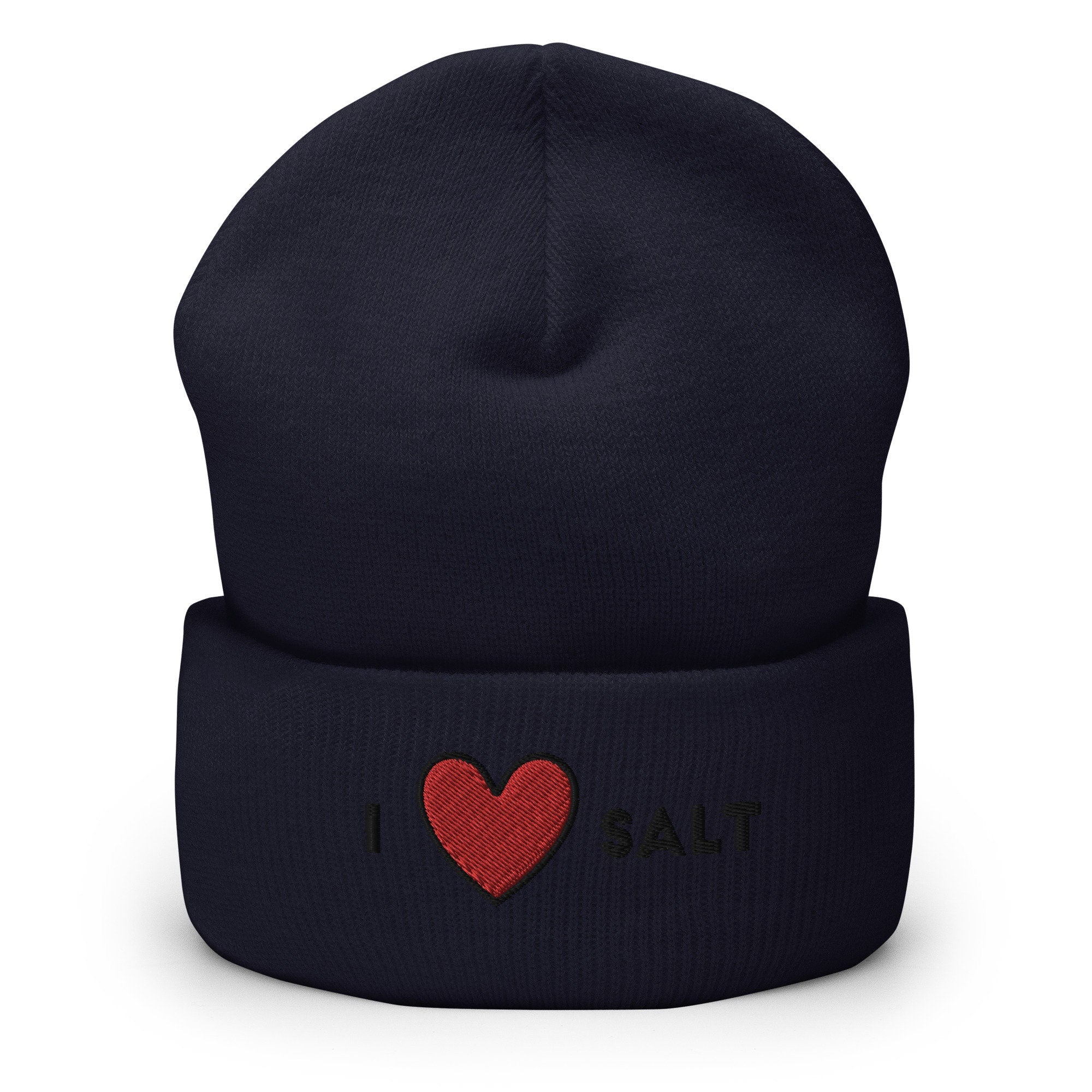 I Heart Salt Embroidered Beanie, Handmade Cuffed Knit Unisex Slouchy Adult Winter Hat Cap Gift