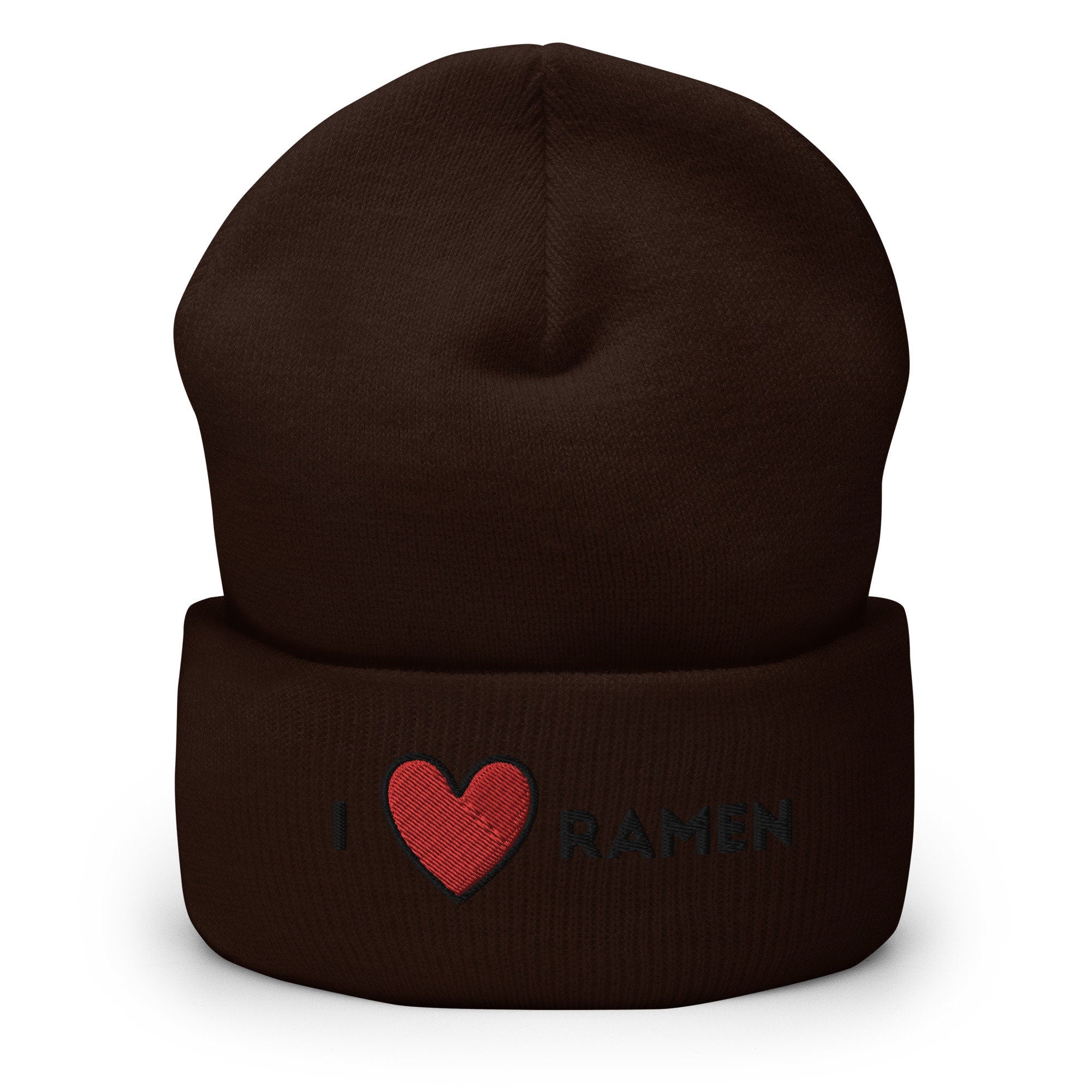 I Heart Ramen Embroidered Beanie, Handmade Cuffed Knit Unisex Slouchy Adult Winter Hat Cap Gift