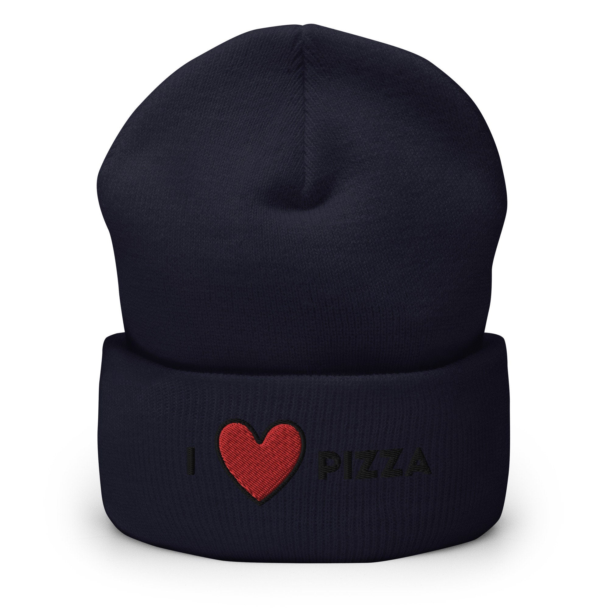 I Heart Pizza Embroidered Beanie, Handmade Cuffed Knit Unisex Slouchy Adult Winter Hat Cap Gift