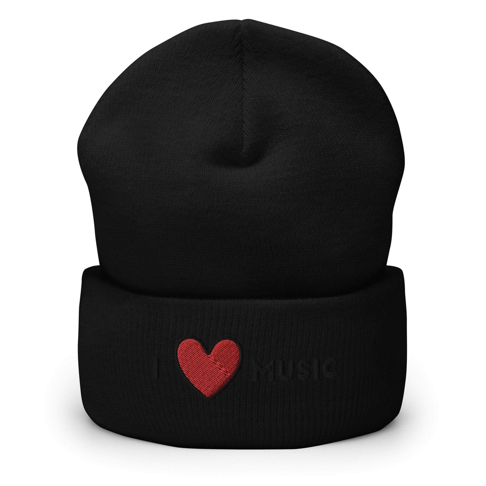 I Heart Music Embroidered Beanie, Handmade Cuffed Knit Unisex Slouchy Adult Winter Hat Cap Gift