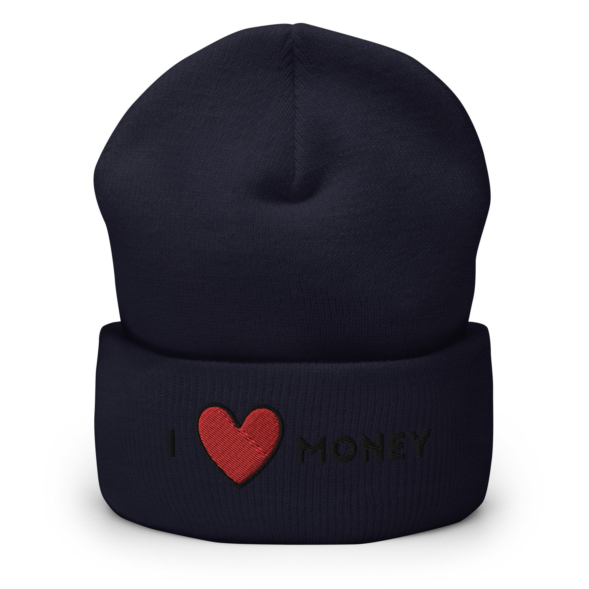 I Love Money Embroidered Beanie, Handmade Cuffed Knit Unisex Slouchy Adult Winter Hat Cap Gift