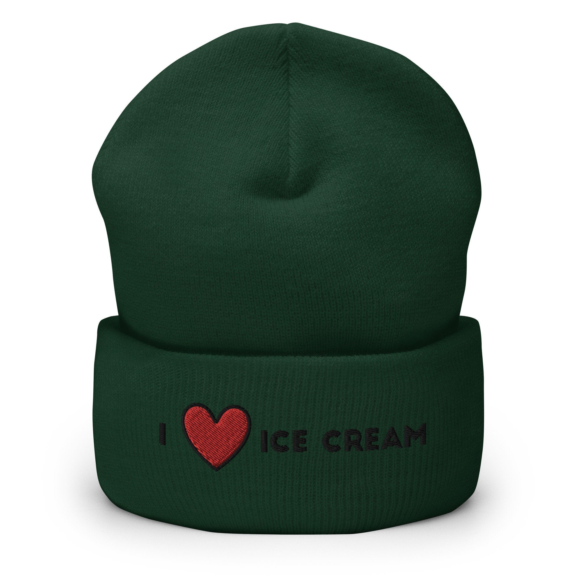 I Heart Ice Cream Embroidered Beanie, Handmade Cuffed Knit Unisex Slouchy Adult Winter Hat Cap Gift