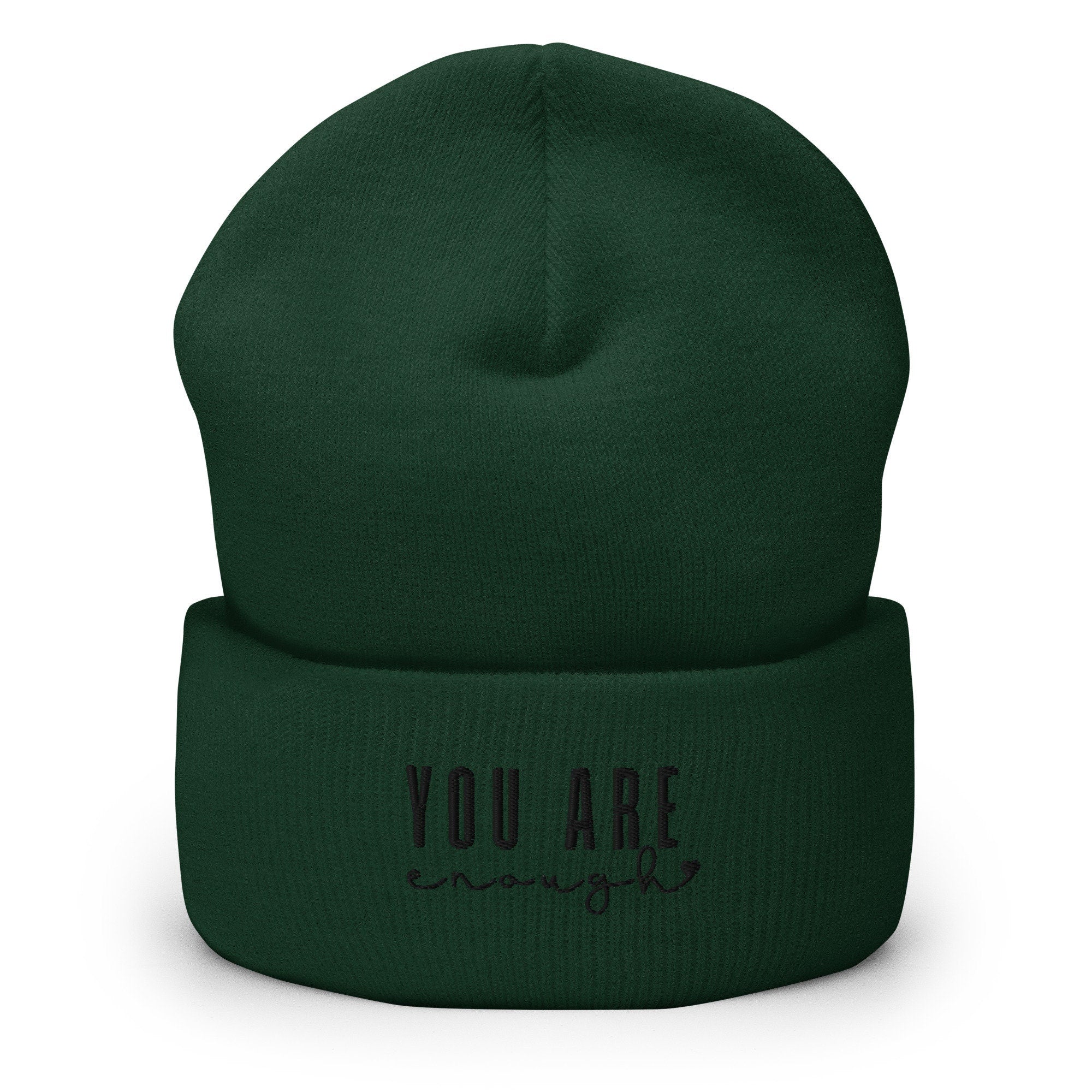 You Are Enough Embroidered Beanie, Handmade Cuffed Knit Unisex Slouchy Adult Winter Hat Cap Gift