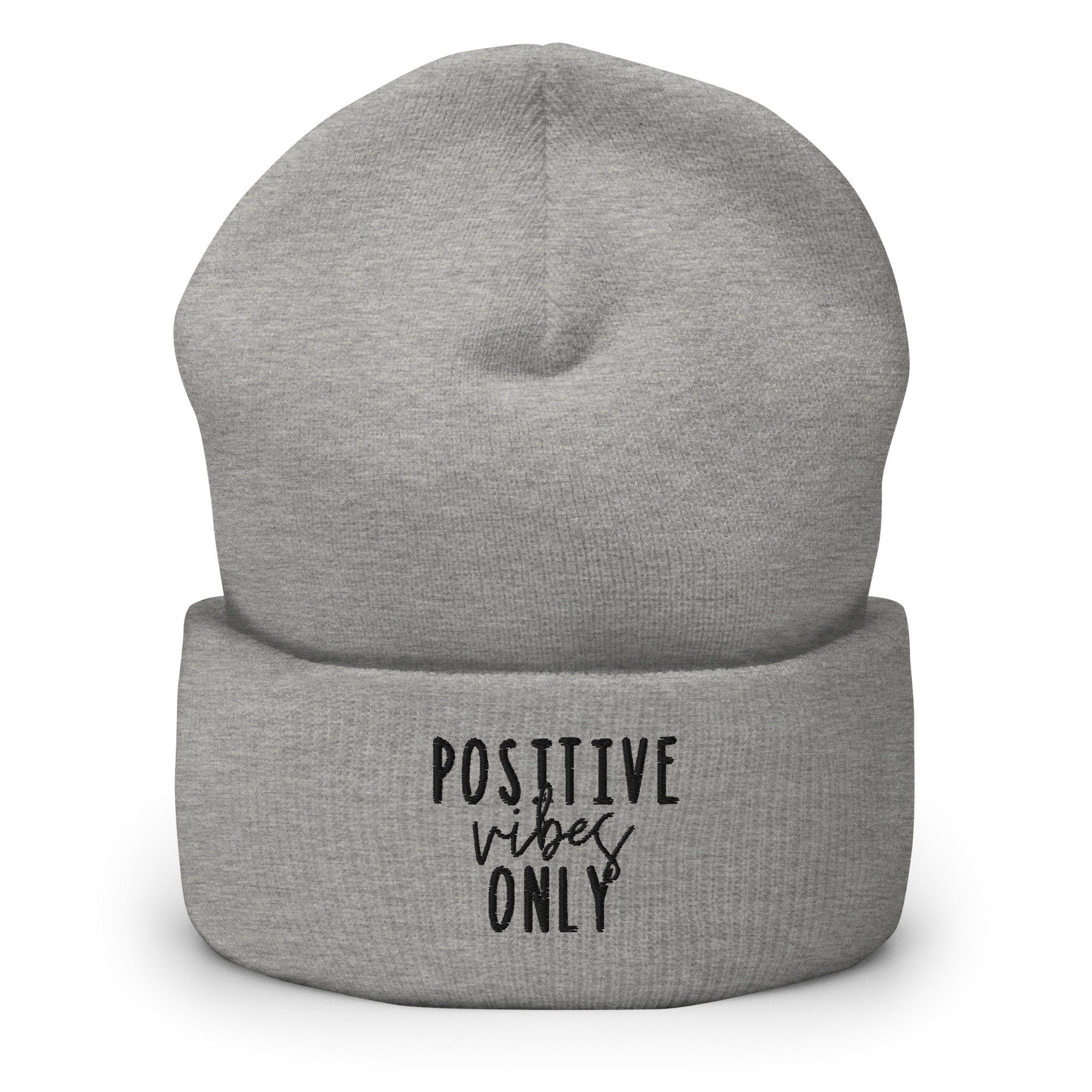 Positive Vibes Only Embroidered Beanie, Handmade Cuffed Knit Unisex Slouchy Adult Winter Hat Cap Gift