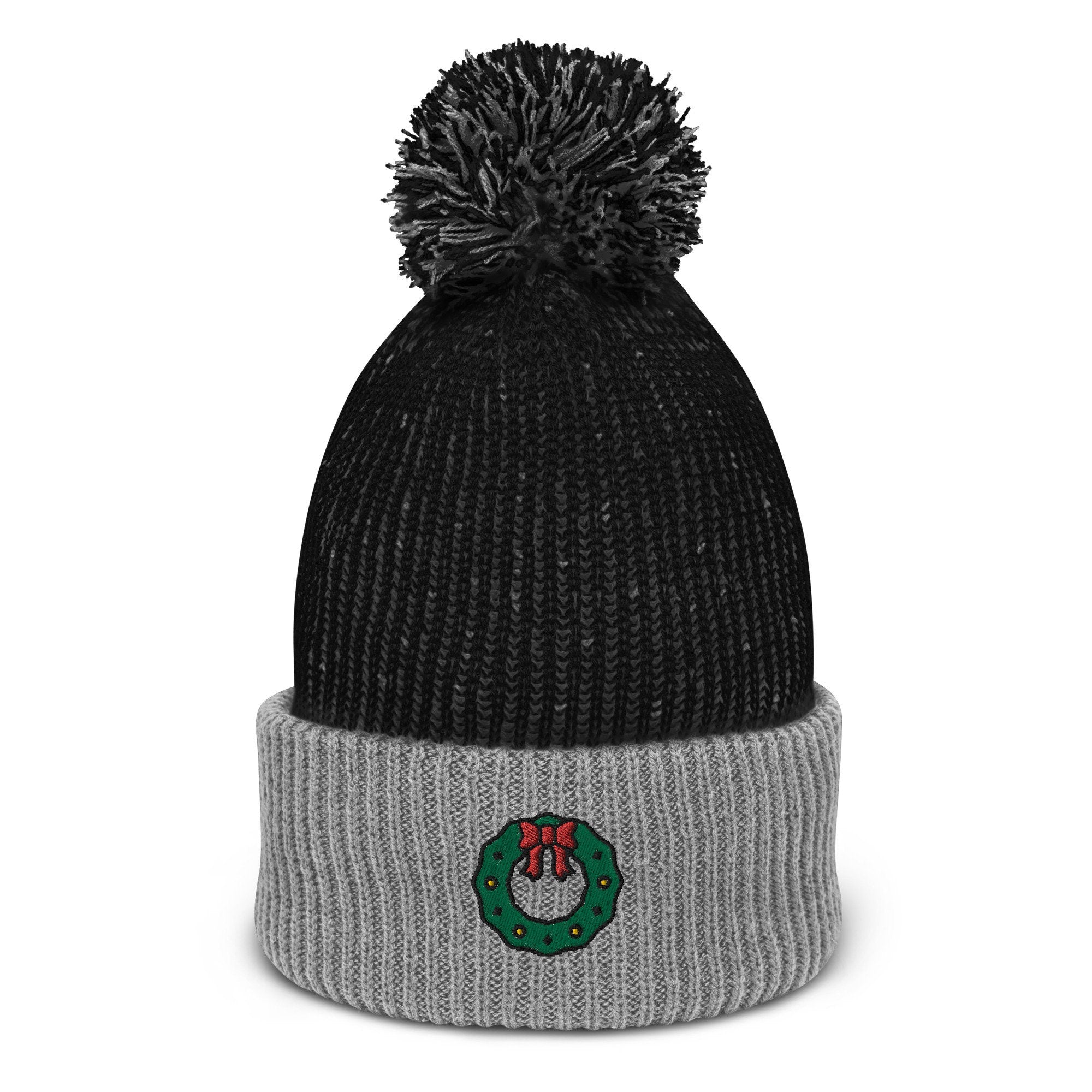 Wreath Embroidered Pom Pom Beanie