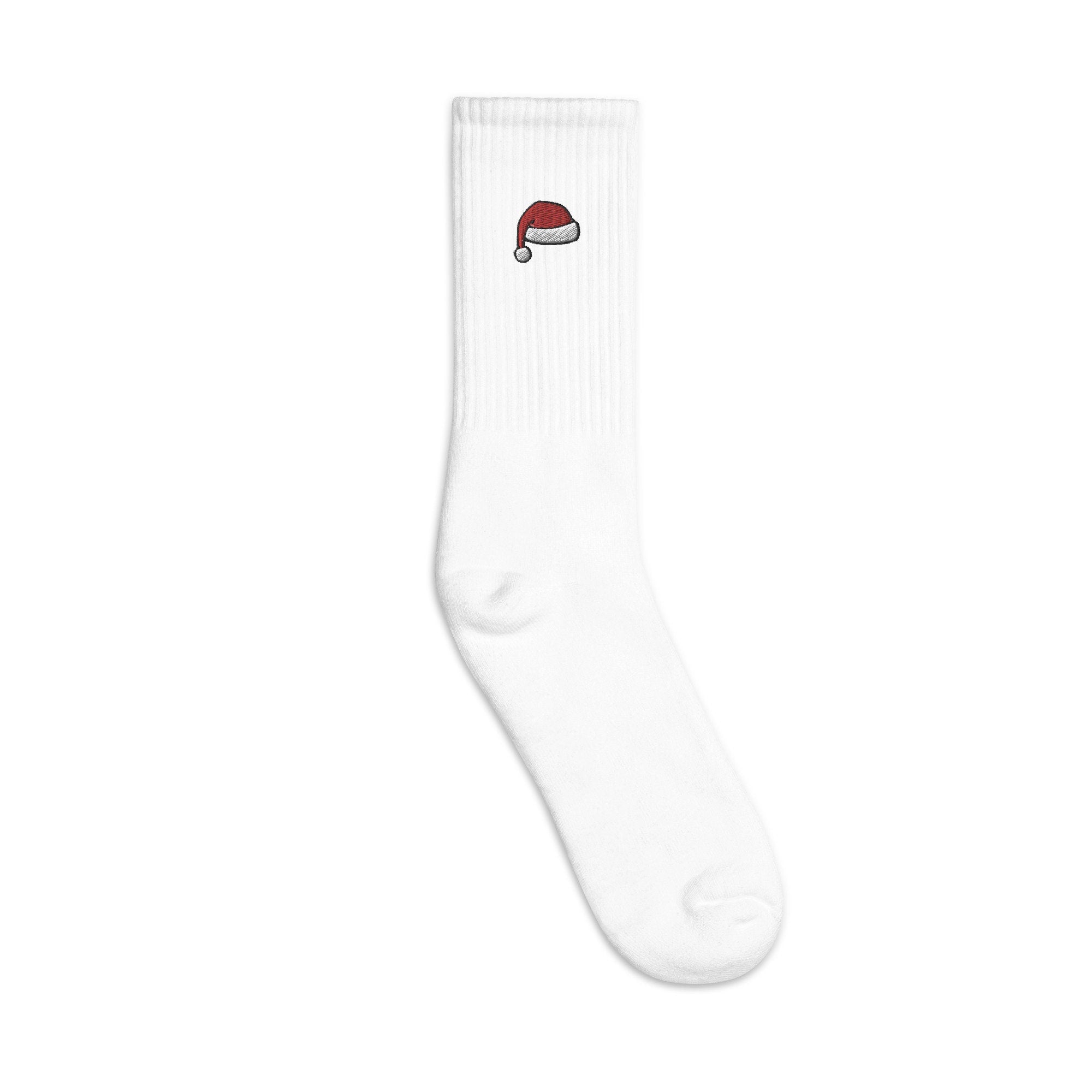 Santa Hat Embroidered Socks, Santa Premium Embroidered Socks, Long Socks Gift - Multiple Colors