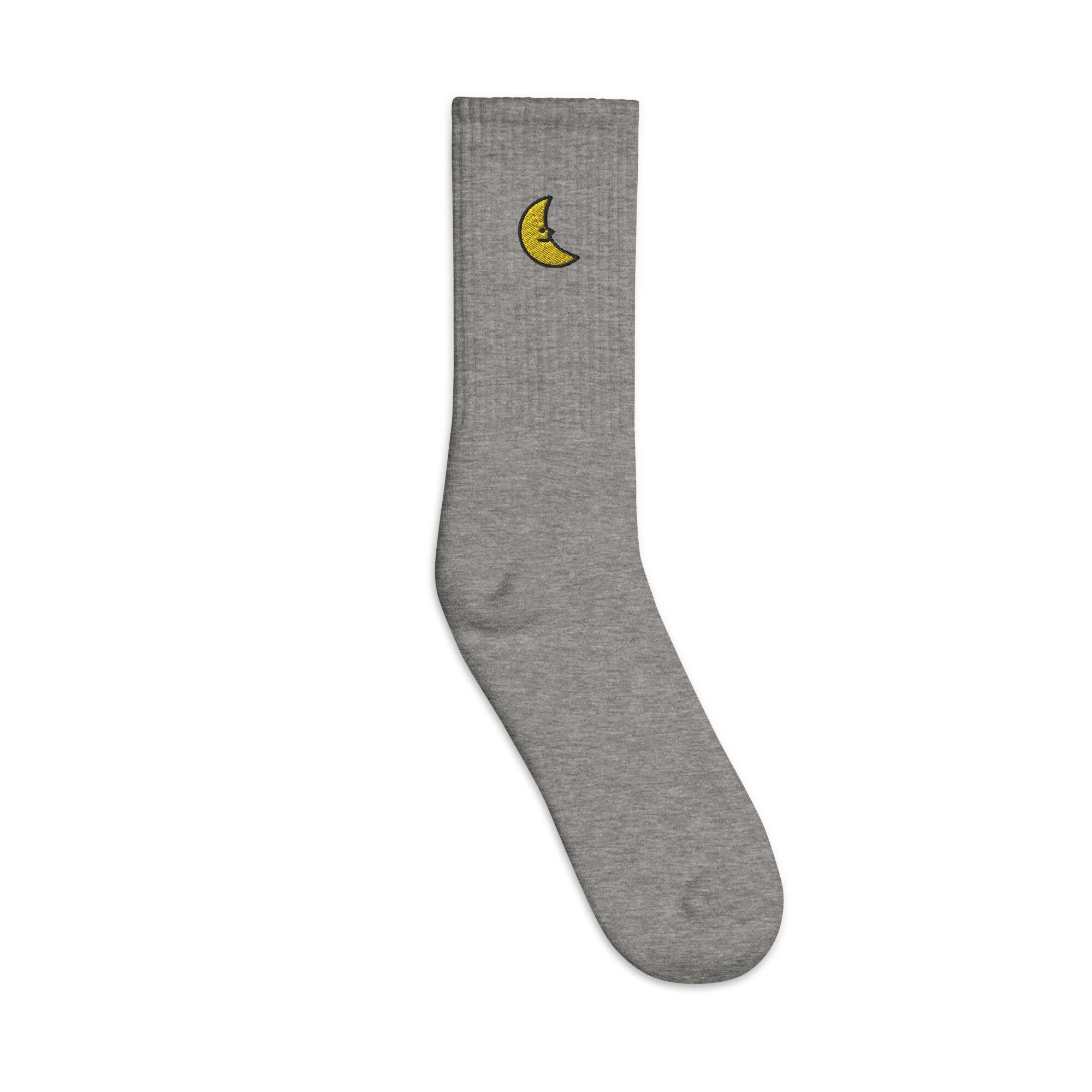 Crescent Moon Face Embroidered Socks, Premium Embroidered Socks, Long Socks Gift - Multiple Colors