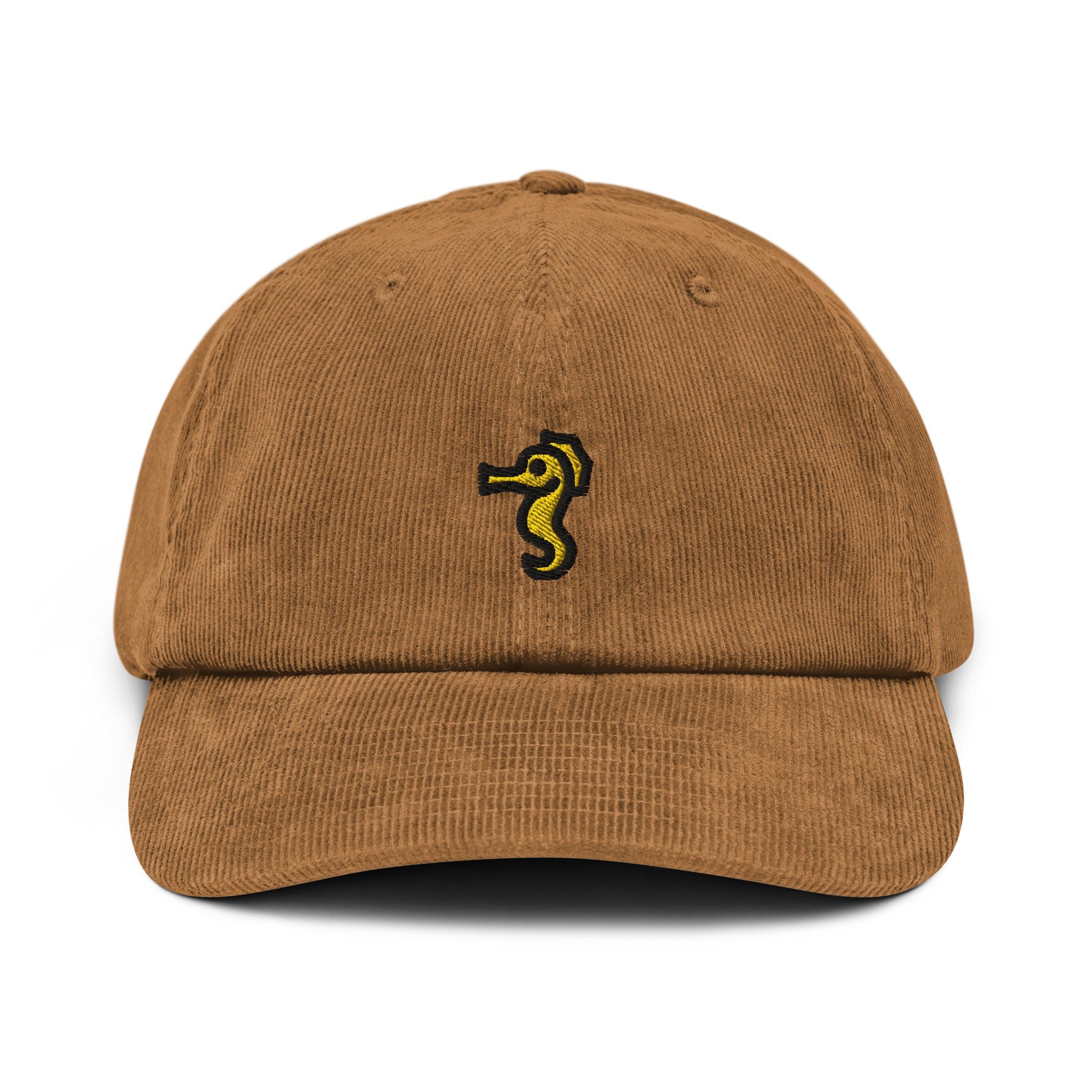 Seahorse Corduroy Hat, Handmade Embroidered Corduroy Dad Cap - Multiple Colors