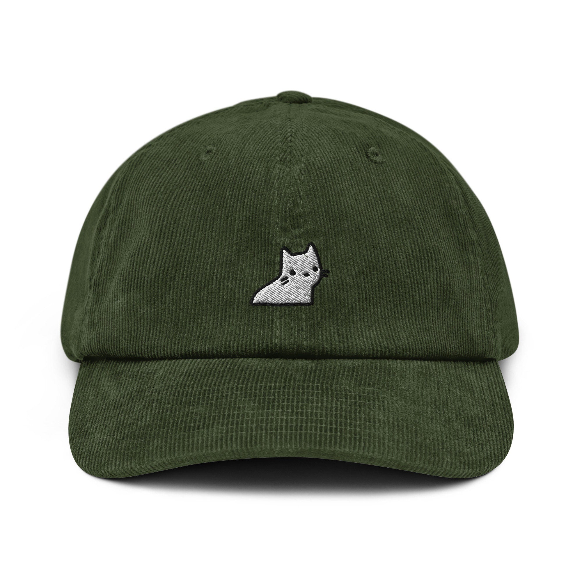 Ghost Cat Corduroy Hat, Handmade Embroidered Corduroy Dad Cap - Multiple Colors