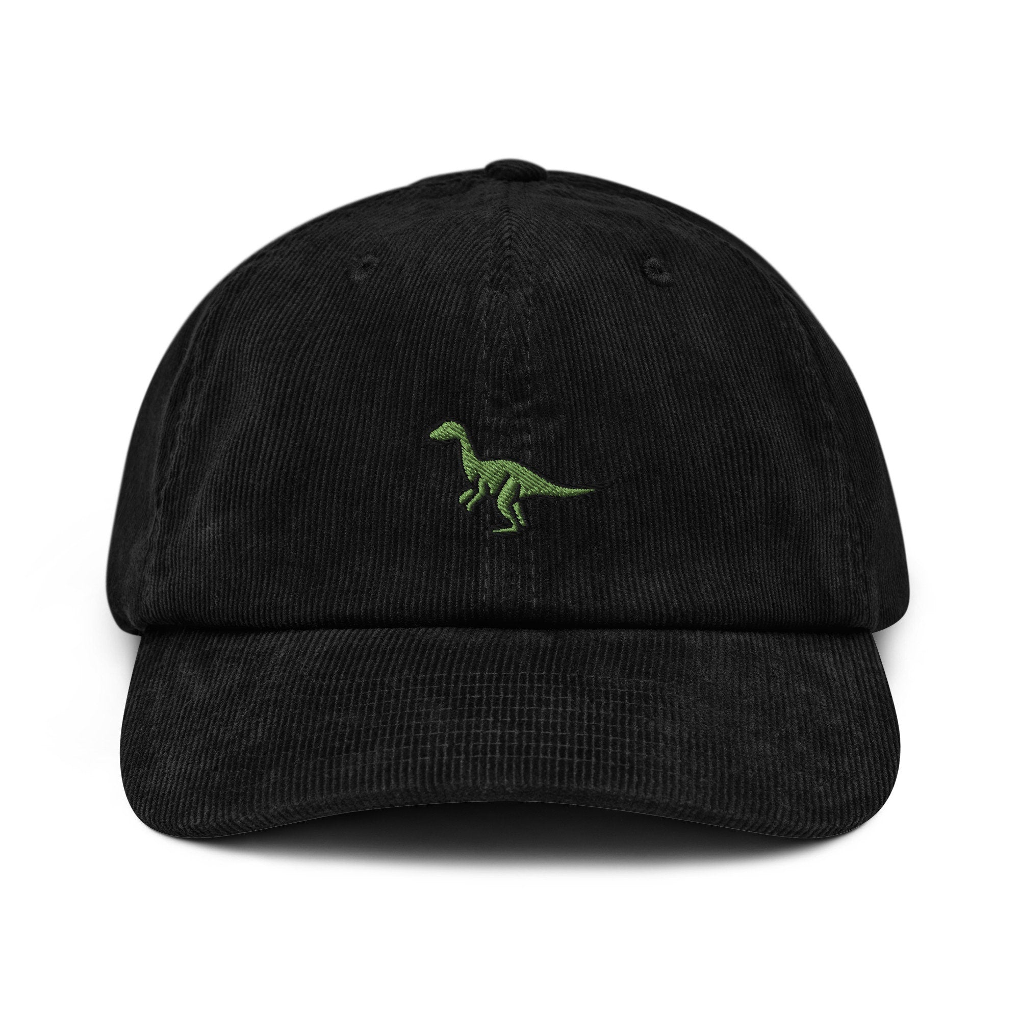 Velociraptor Corduroy Hat, Handmade Embroidered Corduroy Dad Cap - Multiple Colors