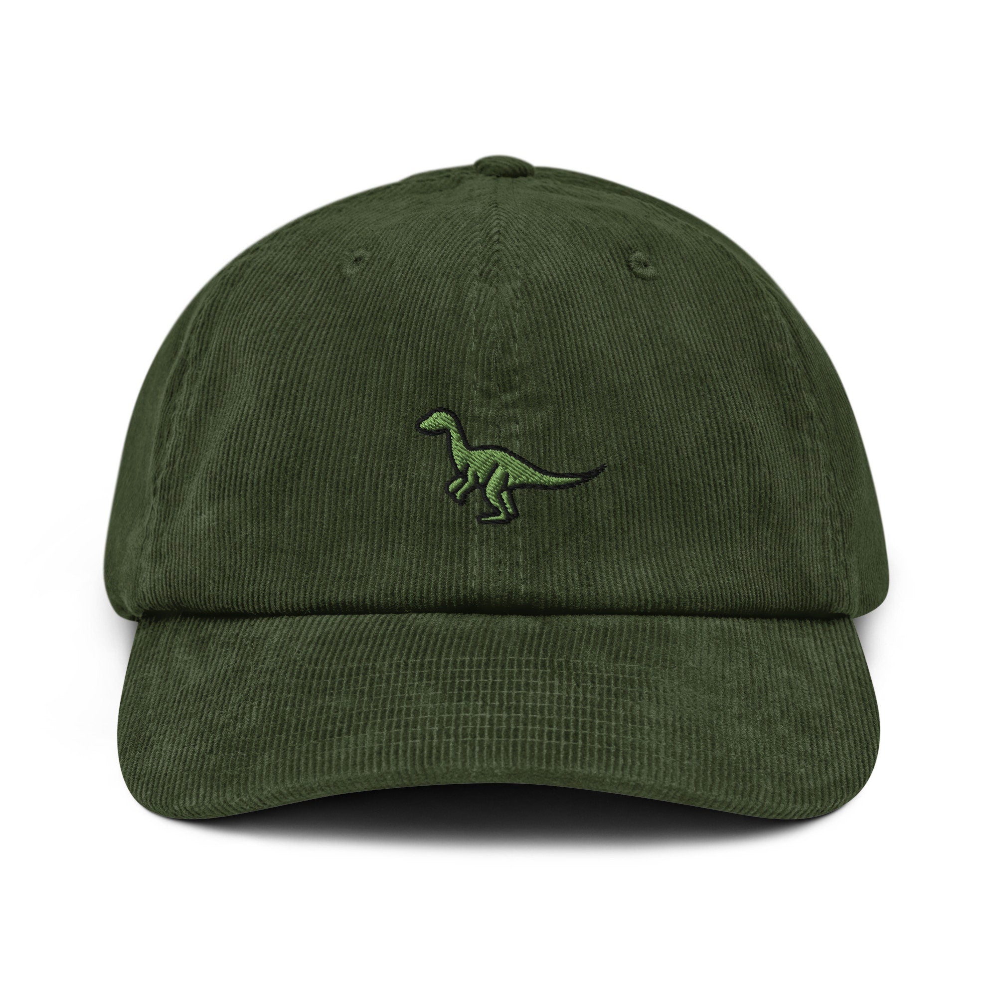 Velociraptor Corduroy Hat, Handmade Embroidered Corduroy Dad Cap - Multiple Colors