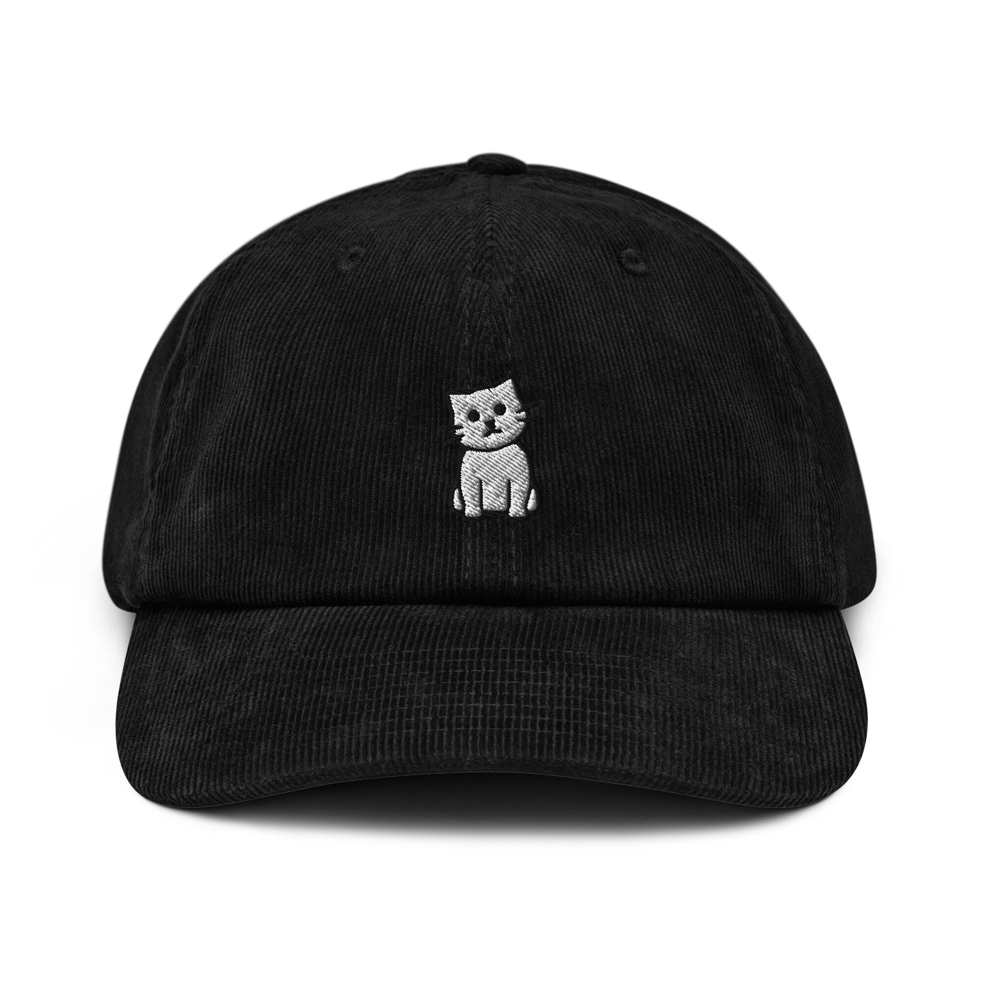 White Cat Corduroy Hat, Handmade Embroidered Corduroy Dad Cap - Multiple Colors