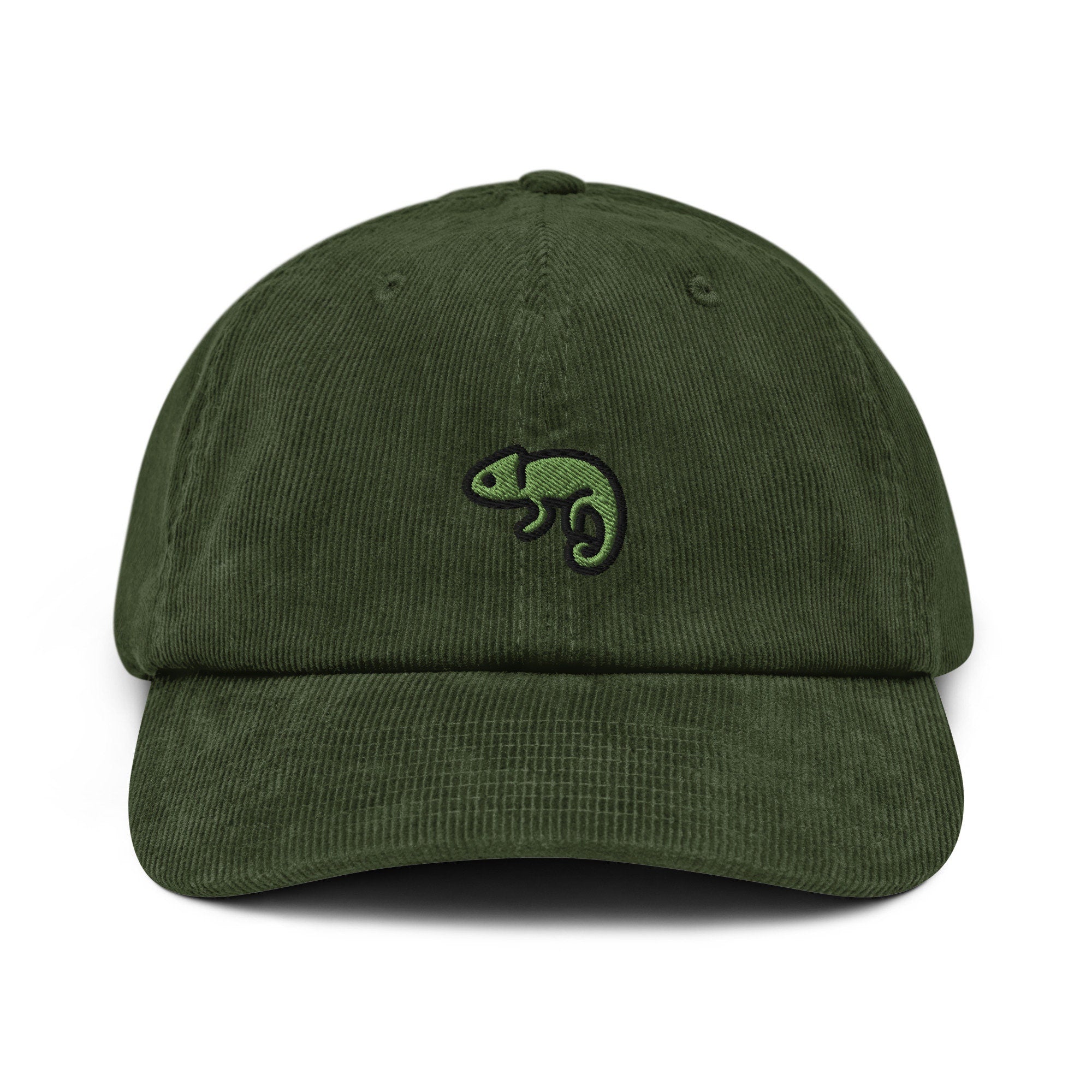 Camelion Embroidered Corduroy Hat, Handmade Lizard Cap Embroidery, Green Chameleon Embroidered Cap - Multiple Colors