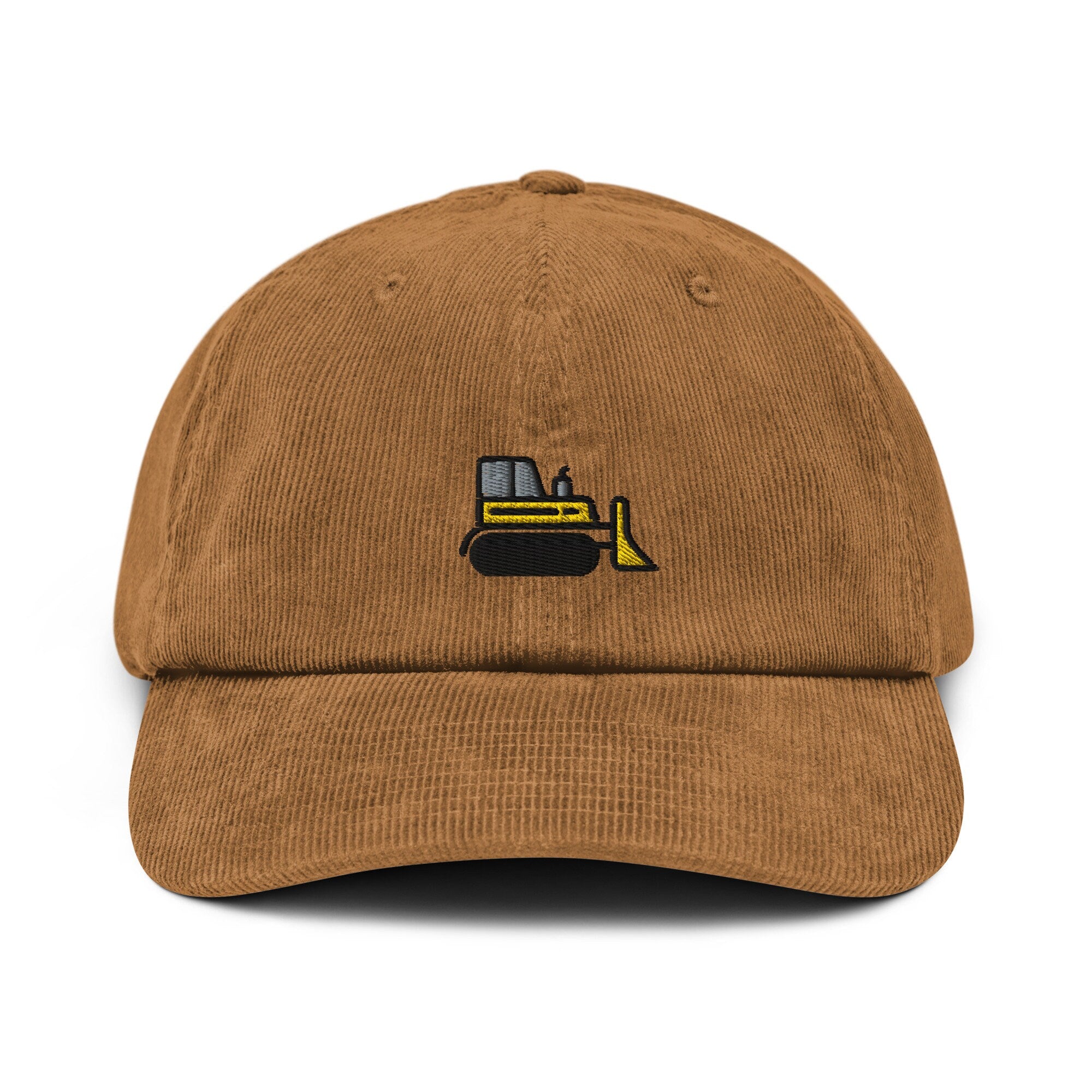 Bulldozer Corduroy Hat, Handmade Embroidered Corduroy Dad Cap - Multiple Colors