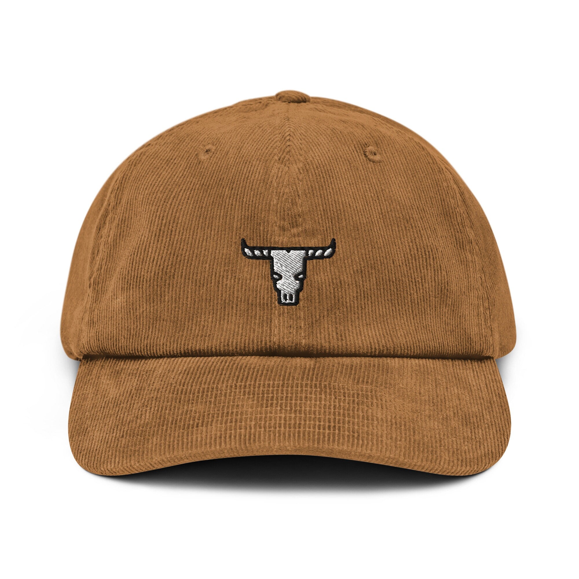 Bull Skull Corduroy Hat, Handmade Embroidered Corduroy Dad Cap - Multiple Colors