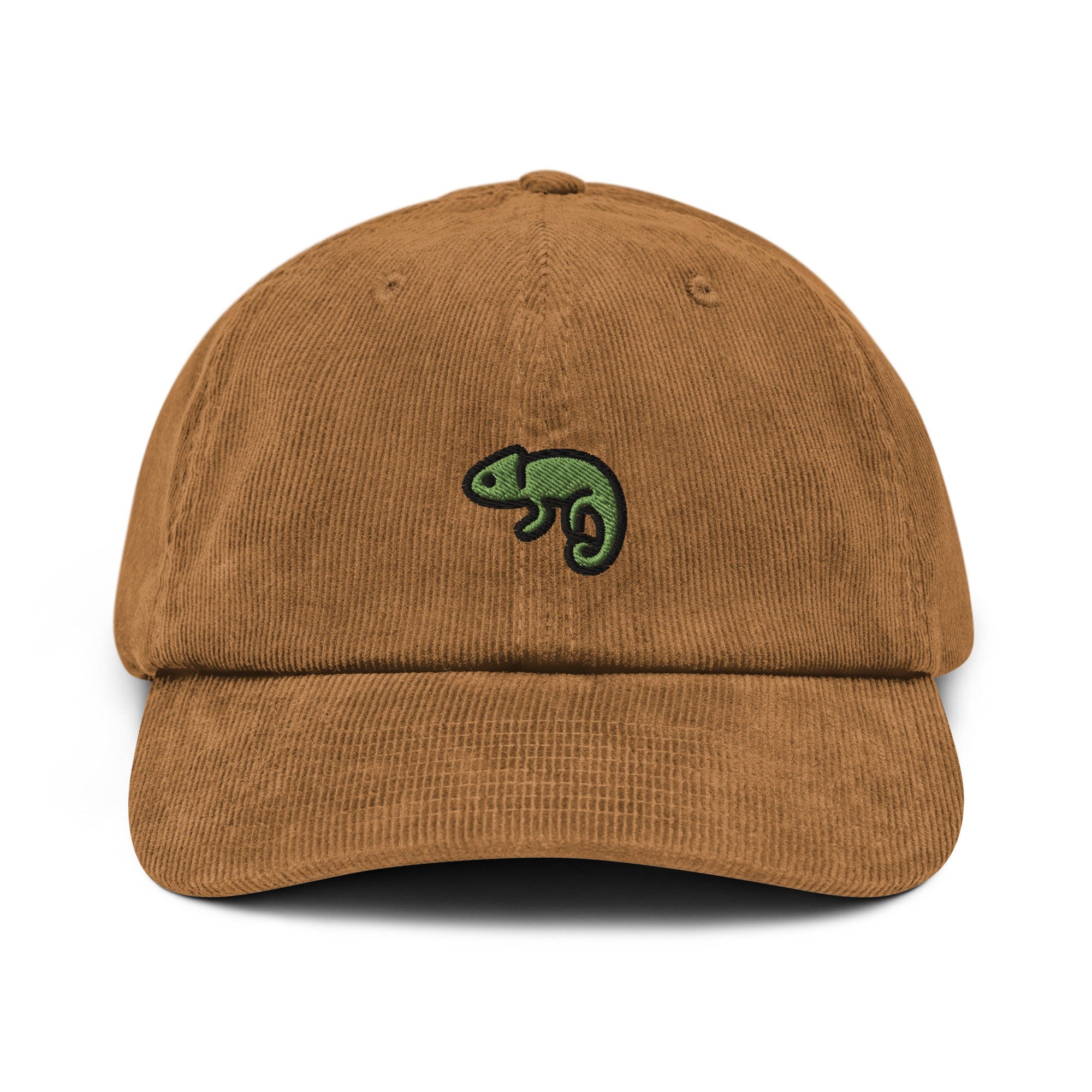 Camelion Embroidered Corduroy Hat, Handmade Lizard Cap Embroidery, Green Chameleon Embroidered Cap - Multiple Colors