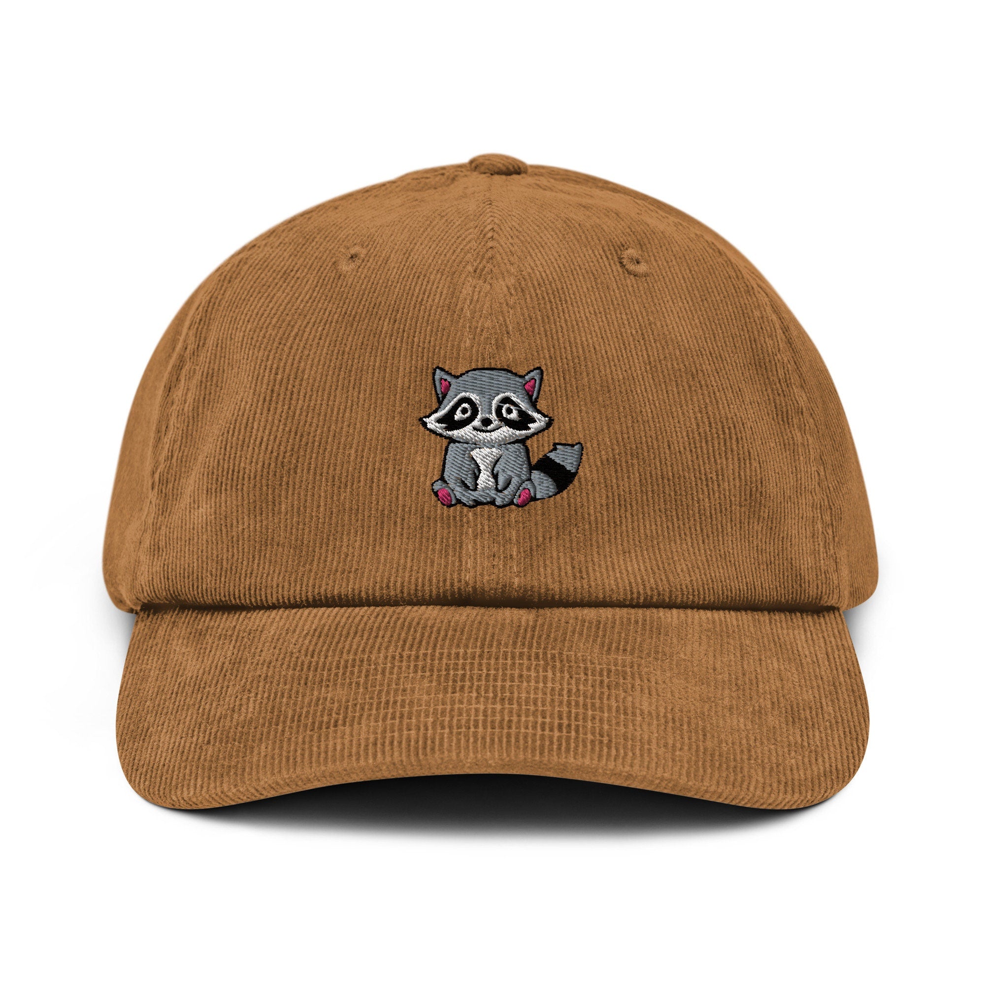 Raccoon Corduroy Hat, Handmade Embroidered Corduroy Dad Cap - Multiple Colors