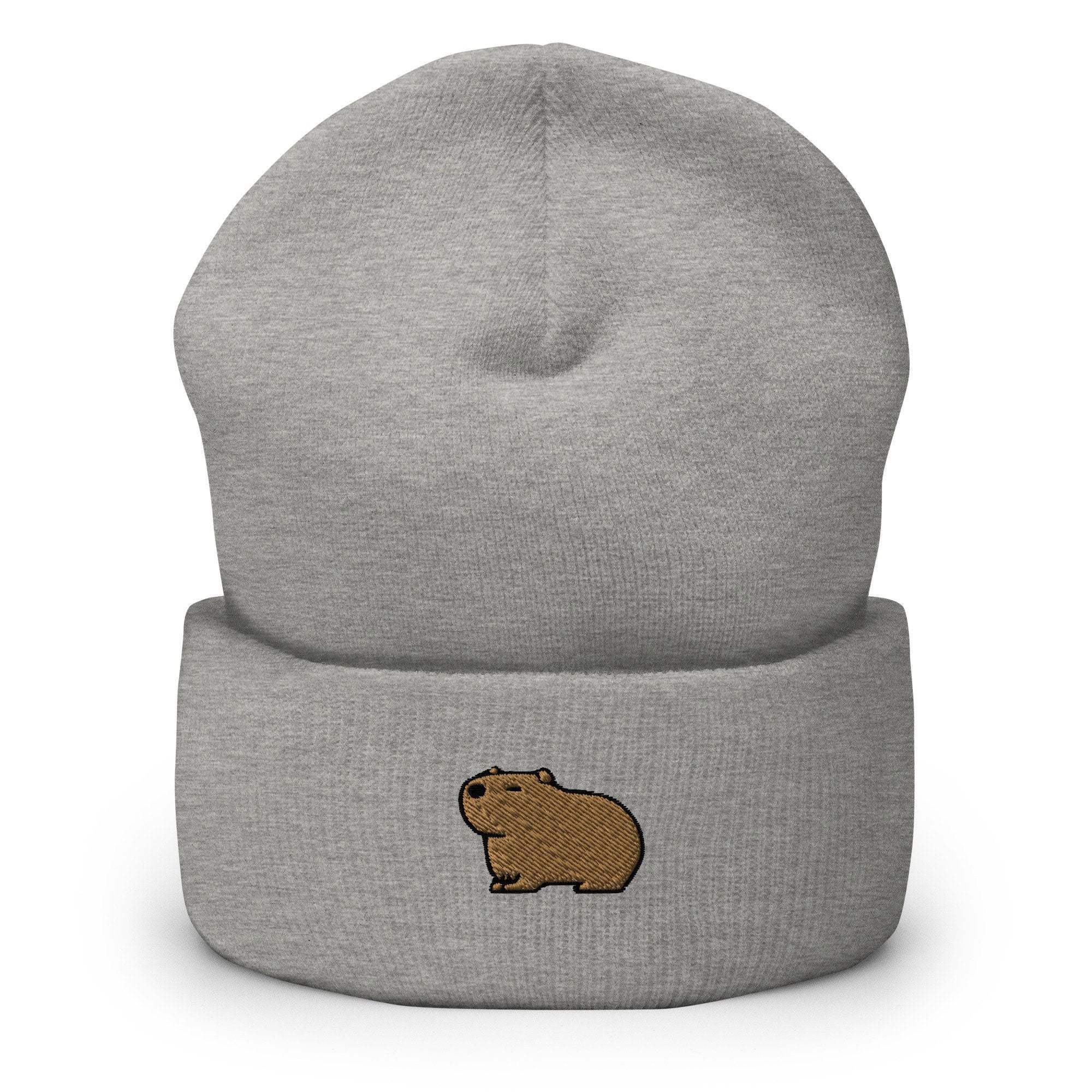 Capybara Embroidered Beanie, Handmade Cuffed Knit Unisex Slouchy Adult Winter Hat Cap Gift