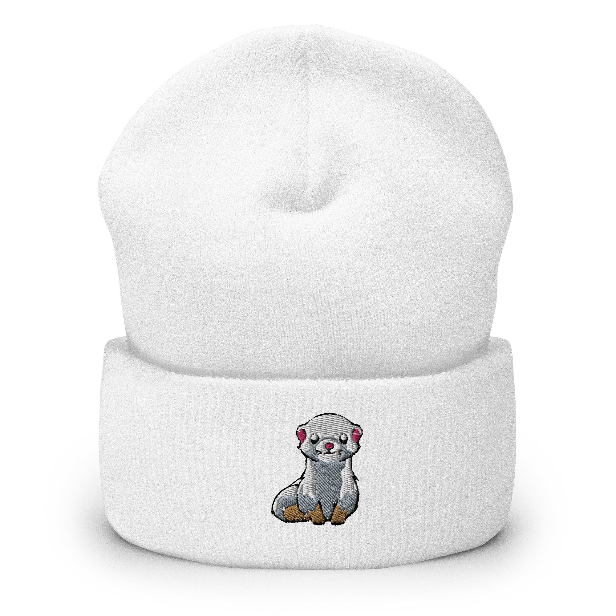 Ferret Embroidered Beanie, Handmade Cuffed Knit Unisex Slouchy Adult Winter Hat Cap Gift