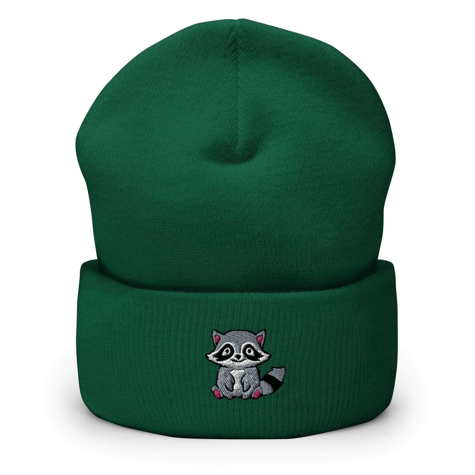 Trash Panda Raccoon Embroidered Beanie, Handmade Cuffed Knit Unisex Slouchy Adult Winter Hat Cap Gift