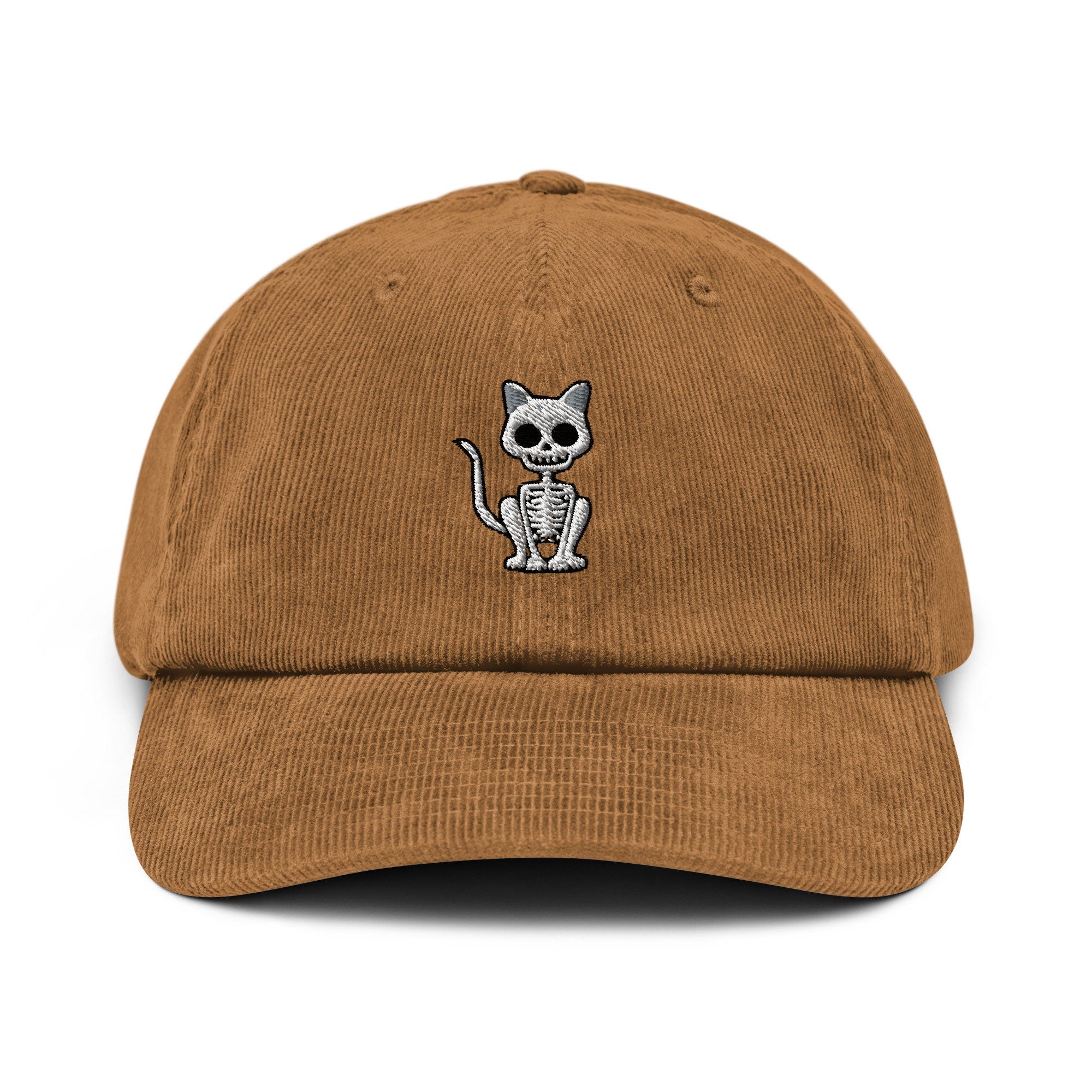 Skeleton Cat Embroidered Corduroy Dad Hat, Handmade Corduroy Baseball Cap Gift - Multiple Colors