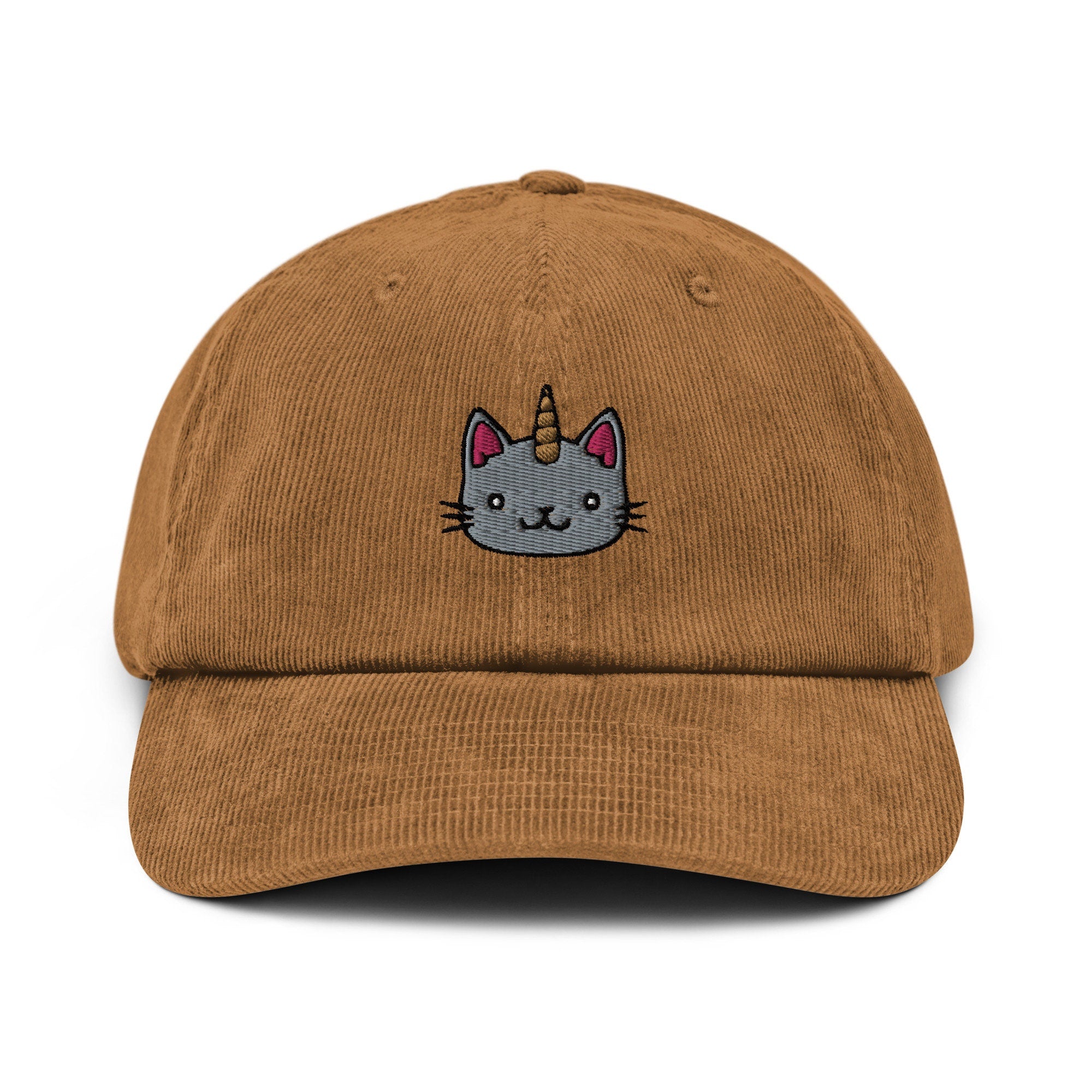 Unicorn Kitty Cat Embroidered Corduroy Dad Hat, Handmade Corduroy Baseball Cap Gift - Multiple Colors