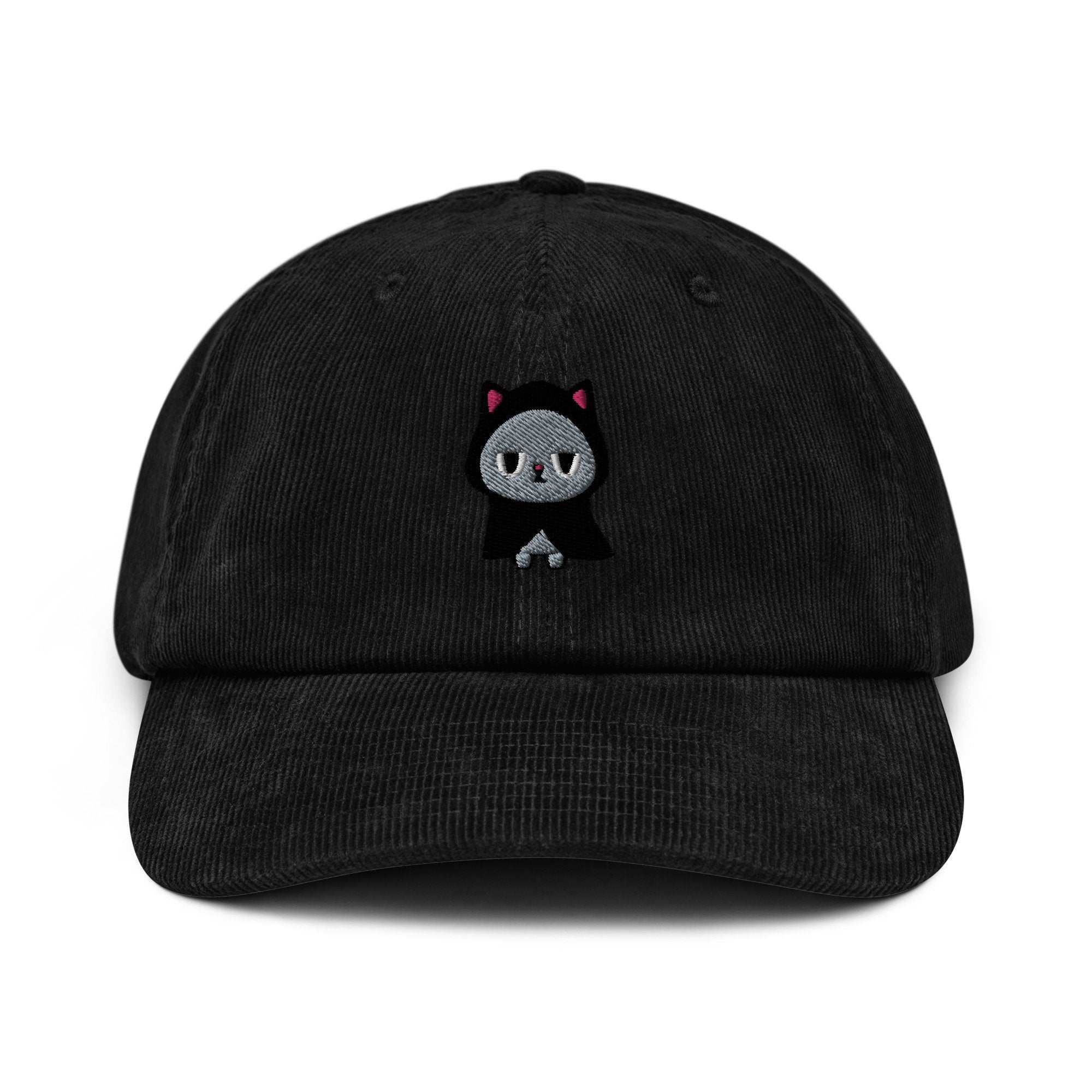 Hooded Kitty Cat Embroidered Corduroy Dad Hat, Handmade Corduroy Baseball Cap Gift - Multiple Colors