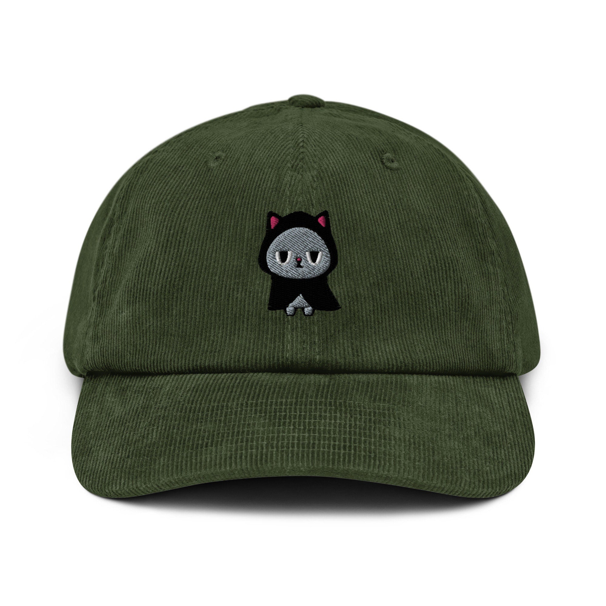 Hooded Kitty Cat Embroidered Corduroy Dad Hat, Handmade Corduroy Baseball Cap Gift - Multiple Colors