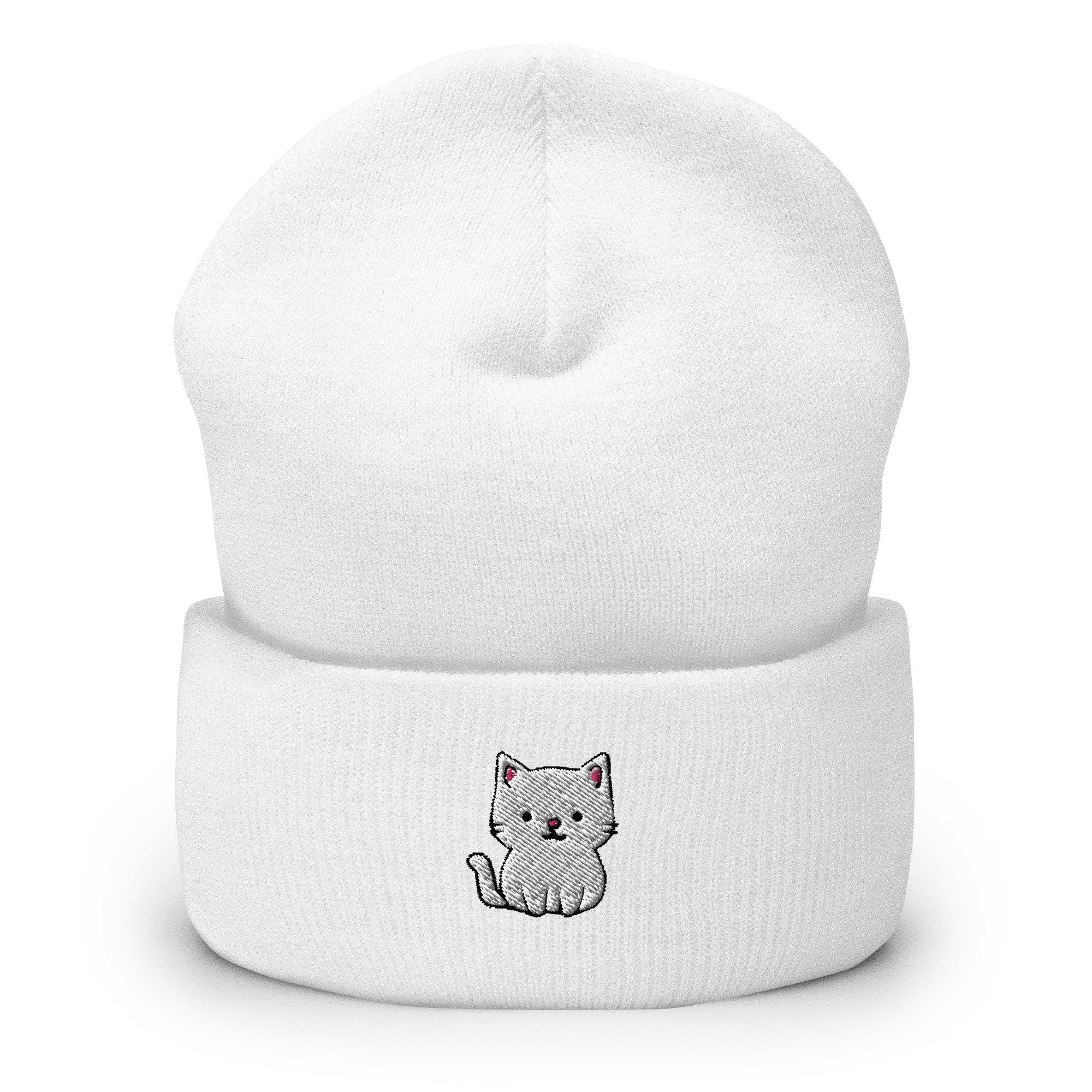 Cute White Kitty Cat Kitten Embroidered Beanie, Handmade Cuffed Knit Unisex Slouchy Adult Winter Hat Cap Gift