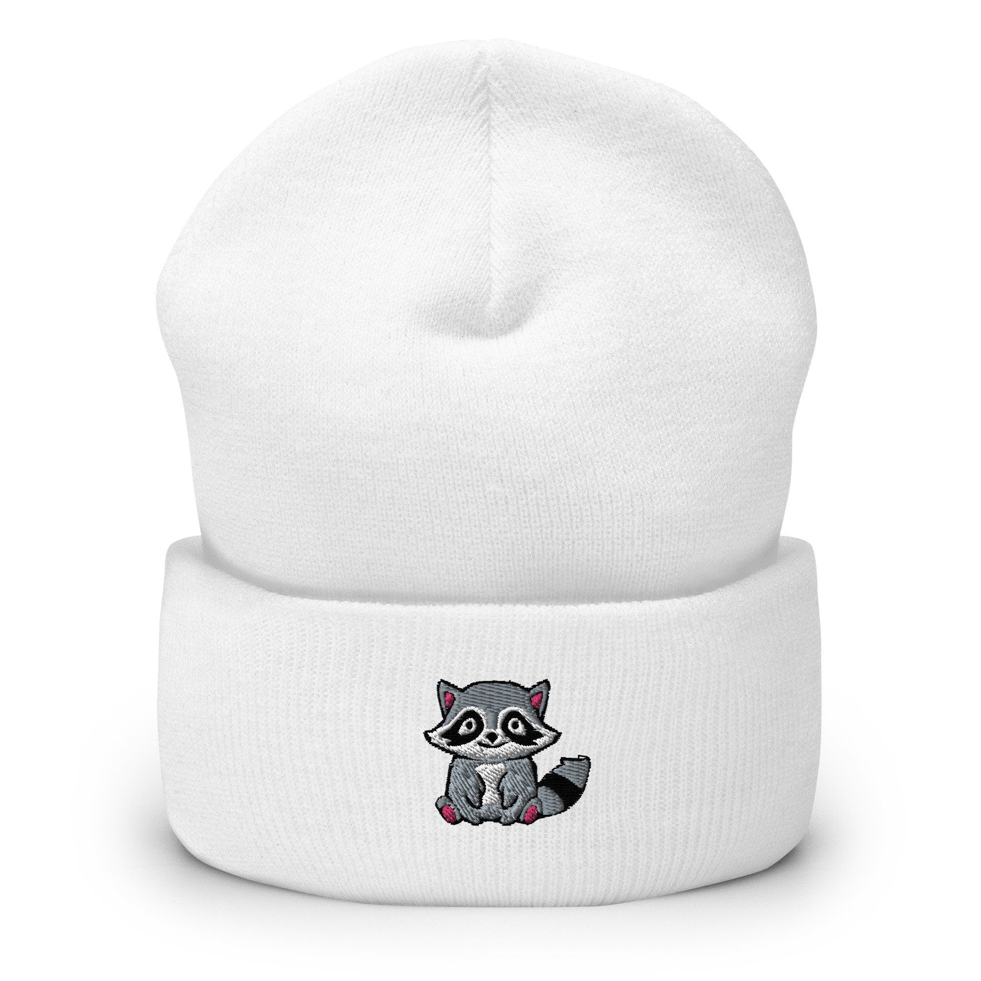 Trash Panda Raccoon Embroidered Beanie, Handmade Cuffed Knit Unisex Slouchy Adult Winter Hat Cap Gift