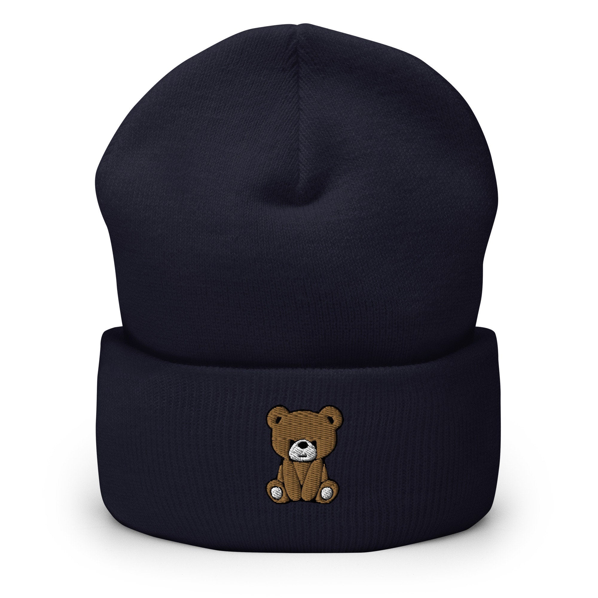 Teddy Bear Embroidered Beanie, Cute Handmade Cuffed Knit Unisex Slouchy Adult Winter Hat Cap Gift