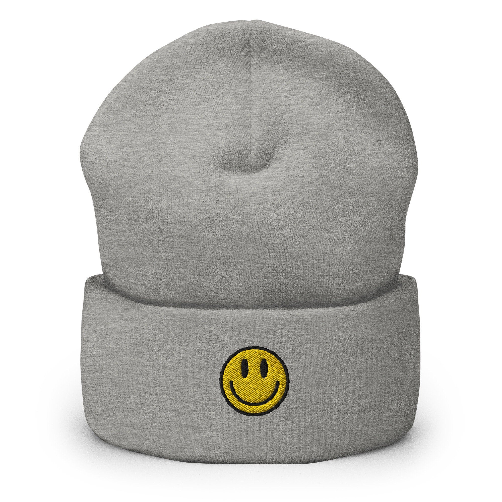 Smiley Face Embroidered Beanie, Handmade Cuffed Knit Unisex Slouchy Adult Winter Hat Cap Gift