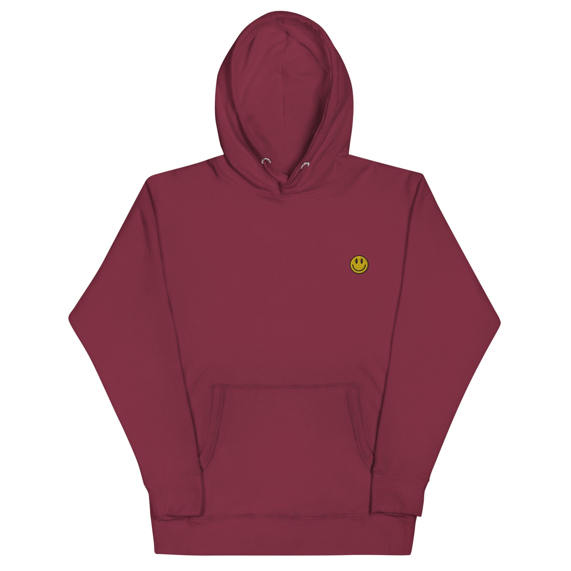 Smiley Face Unisex Hoodie, Handmade Embroidered Hoodie, Premium Hooded Sweater, Hoodie Embroidery - Multiple Colors